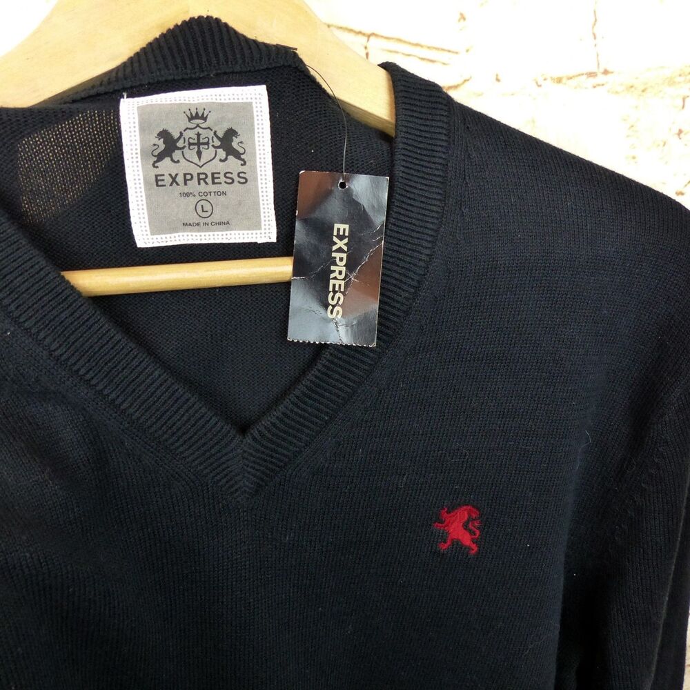 VTG Express Sweater Men L Black V-neck Lion Crest Logo Cotton Preppy Y2K NWT